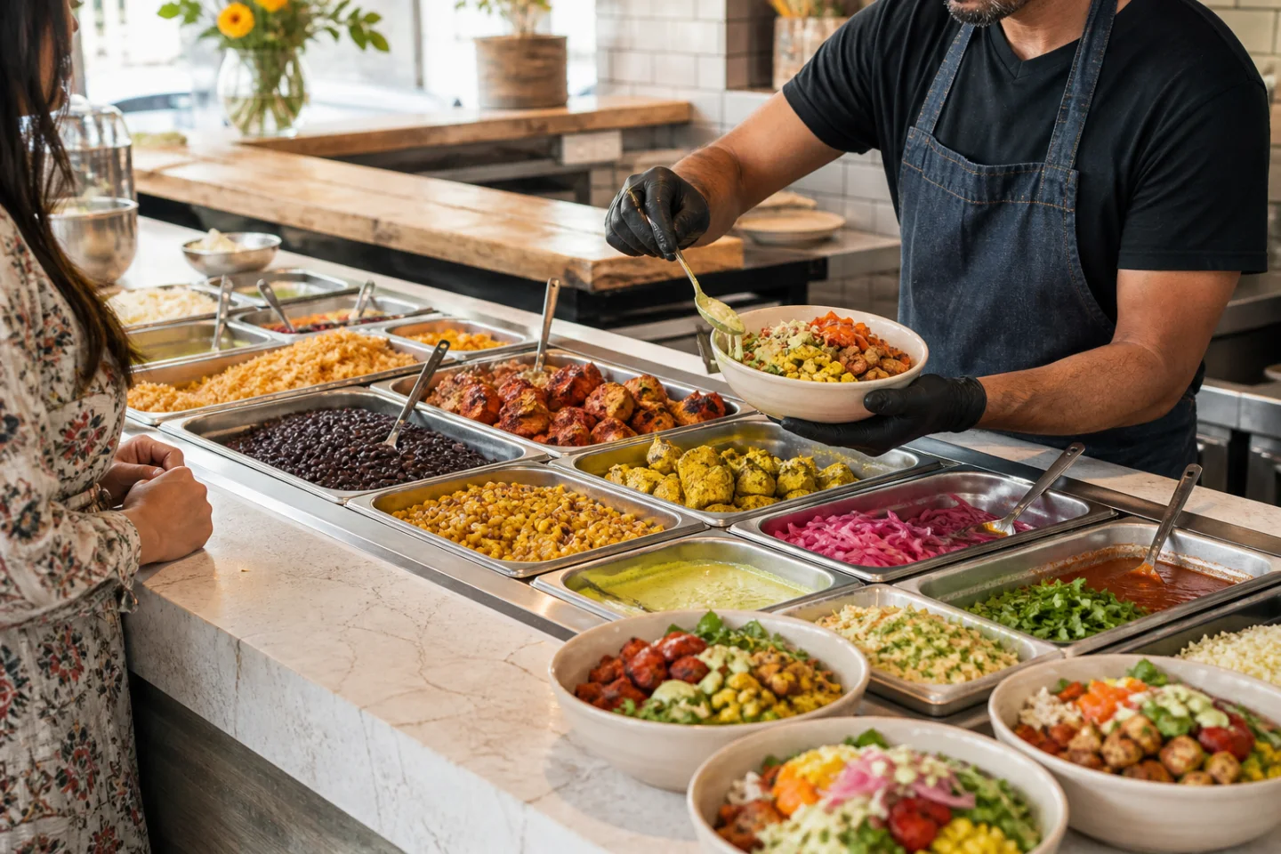 Miembro del equipo armando un bowl personalizado en la línea de ingredientes