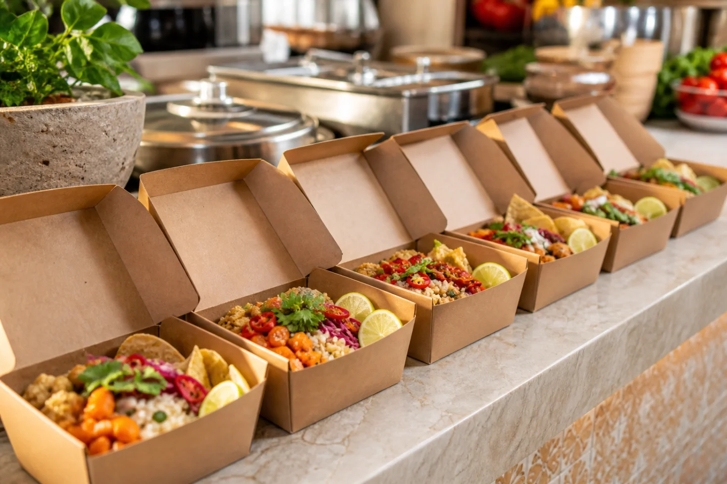 Almuerzos individuales de bowls fusión en caja listos para un pedido de grupo
