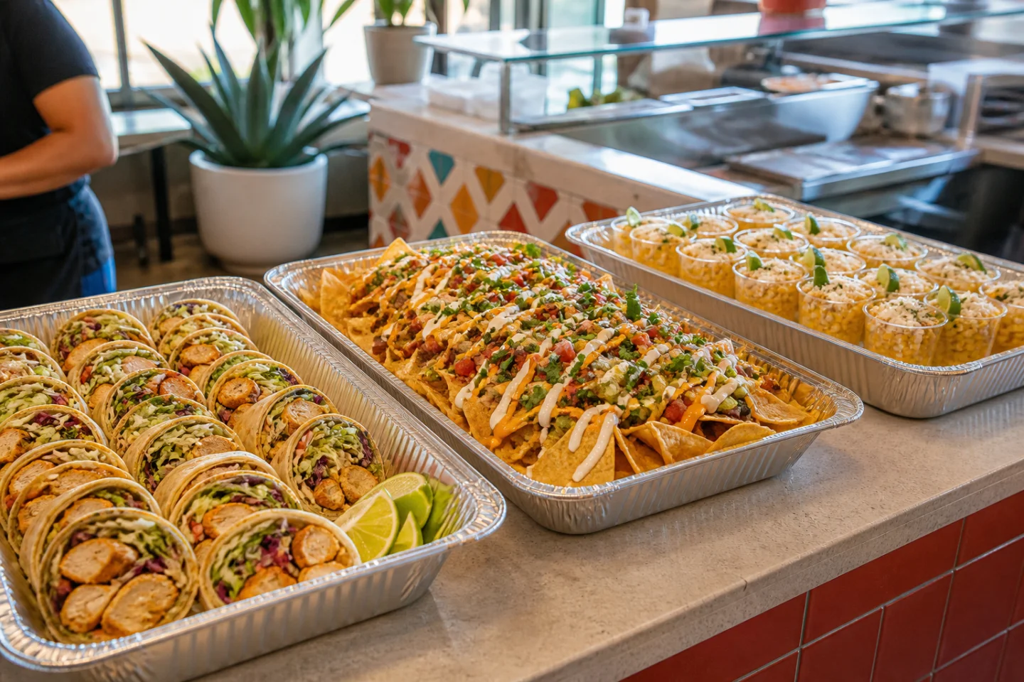 Bandejas de catering con wraps, nachos cargados y vasos de elote