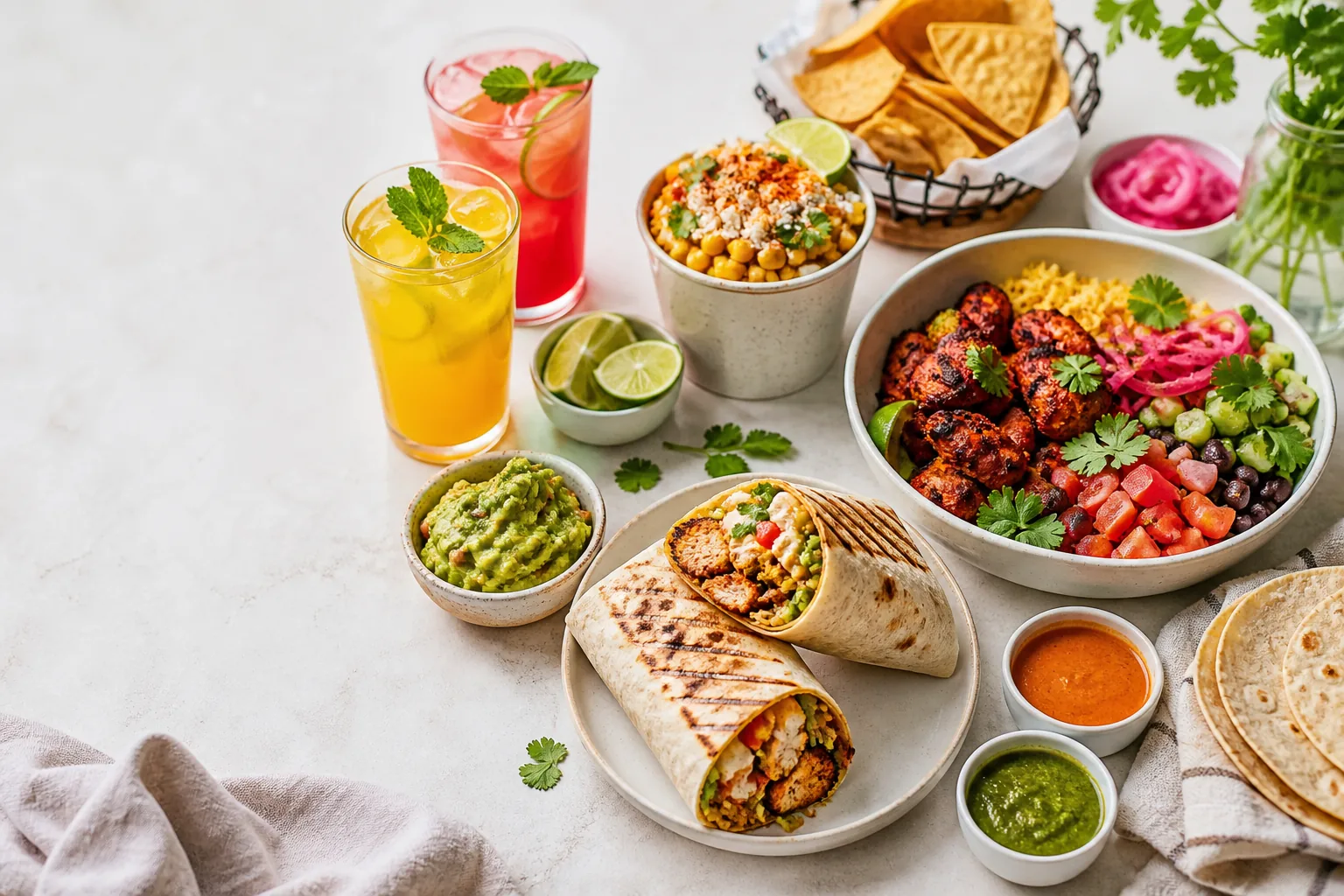 Overhead spread of Mexican-fusion tacos and bowls on a table