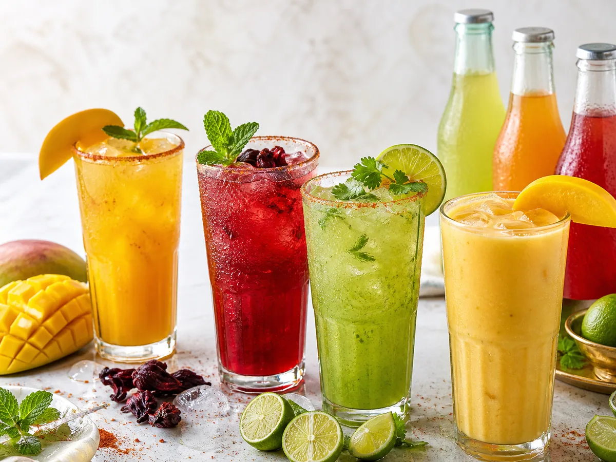 Colorful aguas frescas served in tall glasses with straws